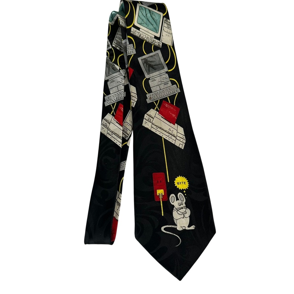 Renaissance Vintage Computer Mouse Byte IT Techie 90s Novelty Tie Black Handmade